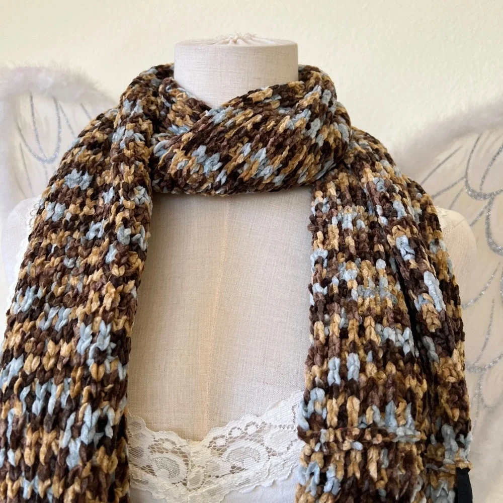 Cozy Chenille Infinity Scarf Brown Tan Blue Speckled‎ Plush Warm Winter Chunky